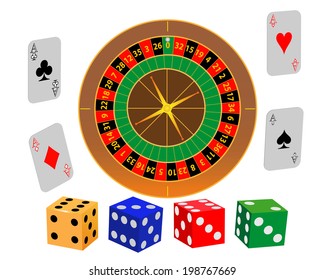 Roulette play cards and dice on a white background