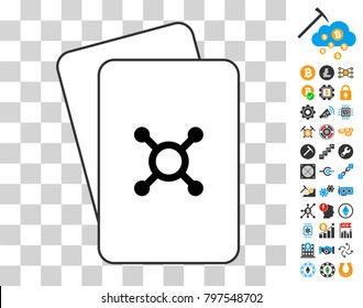 Roulette playing cards icon with bonus bitcoin mining and blockchain symbols. Flat vector pictograms for blockchain software.