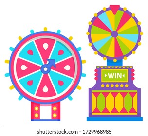 Roulette with pointer, colorful fortune equipment, spin gambling machine. Rainbow lottery on white, win jackpot symbol for casino, bright circle object, entertainment icon, modern leisure vector
