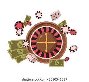 Roulette with red and black slots, money and dice, poker chips and reward for winner. Vector isolated gambling game in casino, las vegas fun for gamblers and leisure or entertainment time