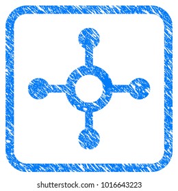 Roulette scratched textured icon inside rounded rectangle for overlay watermark stamps. Flat symbol with dirty texture. Framed vector blue rubber seal stamp with grunge design of roulette.
