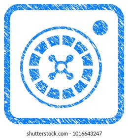 Roulette scratched textured icon inside rounded square for overlay watermark imitations. Flat symbol with scratched texture. Framed vector blue rubber seal stamp with grunge design of roulette.