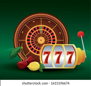 roulette slot machine and fruits betting game gambling casino vector illustration