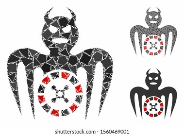 Roulette spectre devil composition of bumpy parts in various sizes and color tints, based on roulette spectre devil icon. Vector bumpy parts are organized into collage.