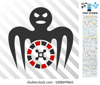 Roulette Spectre Monster icon with 7 hundred bonus bitcoin mining and blockchain symbols. Vector illustration style is flat iconic symbols designed for cryptocurrency apps.