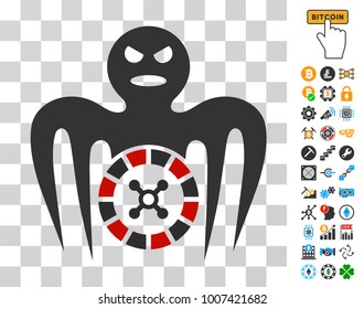 Roulette Spectre Monster icon with bonus bitcoin mining and blockchain images. Vector illustration style is flat iconic symbols. Designed for bitcoin software.