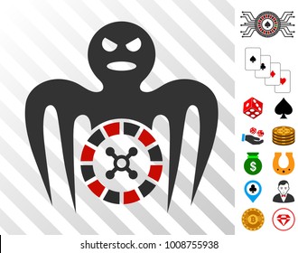 Roulette Spectre Monster icon with bonus casino pictograms. Vector illustration style is flat iconic symbols. Designed for gambling apps.