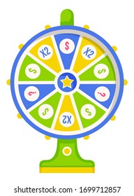 Roulette with symbols, fortune wheel equipment with icons. Lottery entertainment, win prize or money, jackpot sign, gambling machine, casino element vector