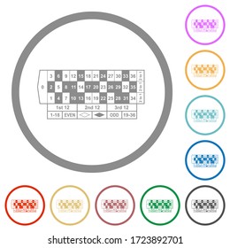 Roulette table flat color icons in round outlines on white background
