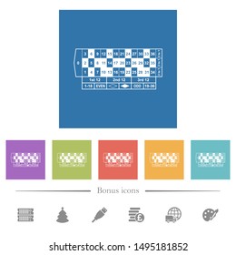 Roulette table flat white icons in square backgrounds. 6 bonus icons included.