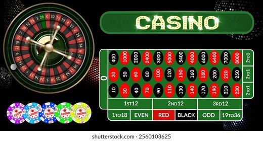 Roulette table with various gambling and casino elements