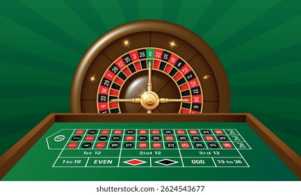 Roulette table and roulette wheel. Vector 3d illustration