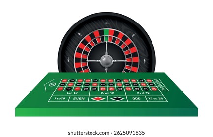 Roulette table and roulette wheel. Vector 3d illustration