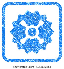 Roulette Token scratched textured icon inside rounded frame for overlay watermark imitations. Flat symbol with dirty texture. Framed vector blue rubber seal stamp with grunge design of roulette token.