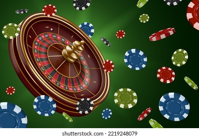 Roulette wheel banner. Gambling game with spin wheel and flying casino chips. Lucky chance game 3D vector Illustration of casino roulette game, gambling fortune