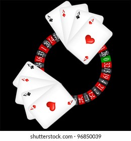 Roulette wheel with cards, vector