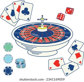 Roulette wheel, casino chips, poker cards and dice in vector style.