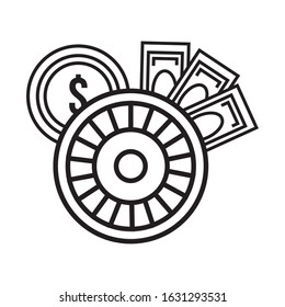 roulette wheel casino with coins and bills vector illustration design