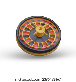 Roulette wheel in casino on white background with shadow. Gambling poker object for online casinos. Vector illustration in 3D style in black, red, and orange colors