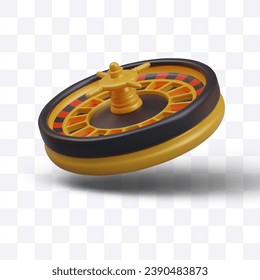 Roulette wheel in casino with shadow. Gambling fortune chance. Object for online casinos. Vector illustration in 3D style in black, red, and orange colors