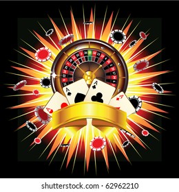 Roulette wheel, chips and cards on bursting background