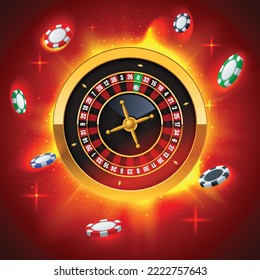 Roulette wheel with chips on a hot red background. Win, fortune roulette. gamble, chance, leisure, lottery, luck. Vector illustration
