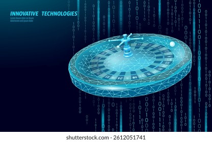 Roulette wheel digital low poly. Binary code background adds modern tech feel. Online gambling fintech investment concepts. Low poly art futuristic style. Dark blue background