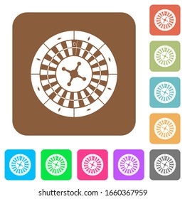 Roulette wheel flat icons on rounded square vivid color backgrounds.