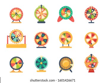 Roulette wheel fortune gaming, jewelry, with bonuses horoscope money set vector. Game icons casino roulette of chance. Gaming wheels of fortune for casino, web game. Try success, good luck, win prize