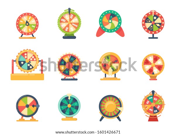 Roulette wheel fortune gaming, jewelry, with\
bonuses horoscope money set vector. Game icons casino roulette of\
chance. Gaming wheels of fortune for casino, web game. Try success,\
good luck, win prize