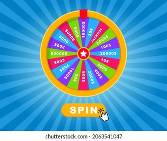 Roulette  wheel fortune  Fortune wheel and spin button  Lottery luck  Game jackpot  Big Win  money prize  Casino money game  Game luck playing  Vector illustration 