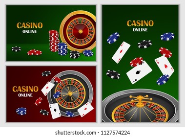 Roulette wheel fortune spin game banner concept set. Realistic illustration of 3 roulette wheel fortune spin game banner horizontal concepts for web