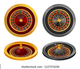 Roulette wheel fortune spin game mockup set. Realistic illustration of 4 roulette wheel fortune spin game mockups for web