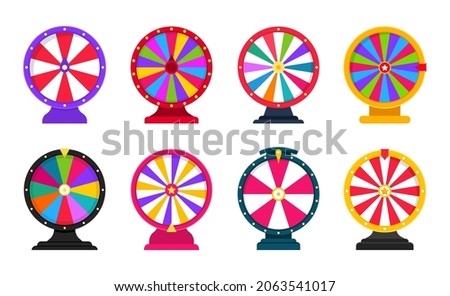 Roulette, wheel of fortune. Spinning fortune wheels set. Lottery luck. Game jackpot, Big Win, money prize. Casino money game. Game of luck playing. Vector illustration.