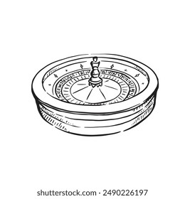 Roulette-Rad, Spielautomat inspiriert von Las Vegas Casinos, Schwarz-Weiß-Vektorgrafik, Sketch Doodle, nehmen ein Risiko, Platz und Wette.