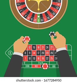 Ruleta colocada sobre una superficie verde con una grilla de apuestas clásica. Los chips del casino en mano del jugador. Ganar dinero, perder en el concepto de juego. Ilustración vectorial con estilo realista. 