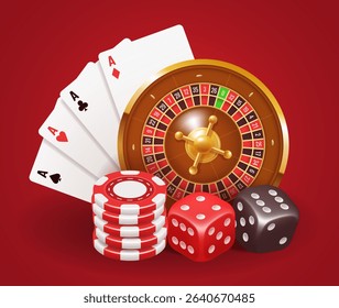 Roulette wheel, playing cards, chips and dice. Vector 3d illustration isolated on red background.