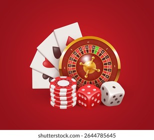 Roulette wheel, playing cards, chips and dice. Vector 3d illustration isolated on red background.