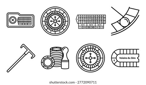 Roulette wheel, table layout, chips, rake, and ball icons representing casino and gambling games.