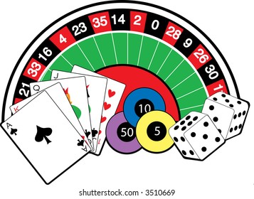 Roulette wheel,cards,dice and poker chips
