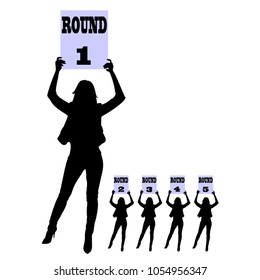 Round 1. Girl holding a board with the inscription 1 round. Silhouette