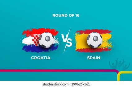 Round of 16 of the football championship Croatia national team and Spain national team. Vector illustration of football matches.