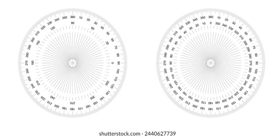 Round 180 degree protractor, ruler or set square. Circular protractor. icon. compass, and map, angle meter. Rulers mm, cm scale. Scale bars for rulers. School tools sign. Measuring round scale.