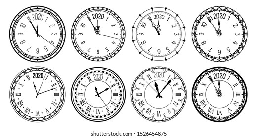 Round 2020 clock. New Year countdown watch face, vintage watches and clocks for christmas greeting card. Time measurement watches icons. Isolated vector illustration signs set