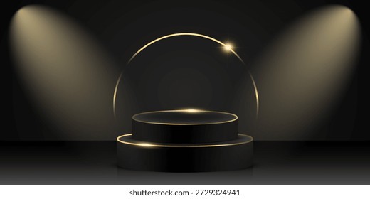Pódio preto 3D redondo decorado com bordas douradas brilhantes e halo cintilante. Uma plataforma iluminada por holofotes. Ilustração vetorial