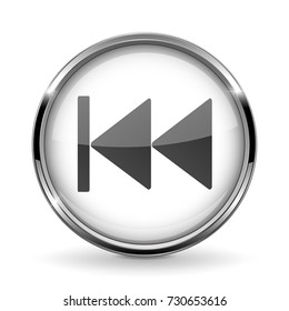 Round 3d button with metal frame. Rewind icon. Vector 3d illustration isolated on white background