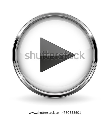 Round 3d button with metal frame. Play icon. Vector 3d illustration isolated on white background