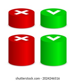 Runde 3D-Tasten ja und nein. Ovale Säulen mit grünem Prüfzeichen der Zustimmung und rotes Kreuz der Leugnung. Test-Quiz mit korrekten und falschen Vektorantworten