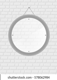 Round 3d frame with clear glass hanging on a white brick wall of the ragged brick Transparent Stock Vector Design concept for advertising