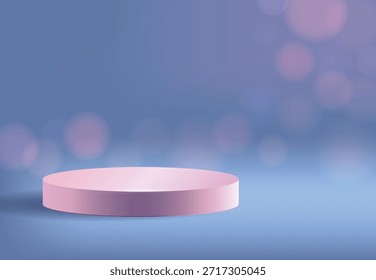Podio redondo rosa 3D sobre un fondo azul con un bokeh rosa. Escena del día de San Valentín